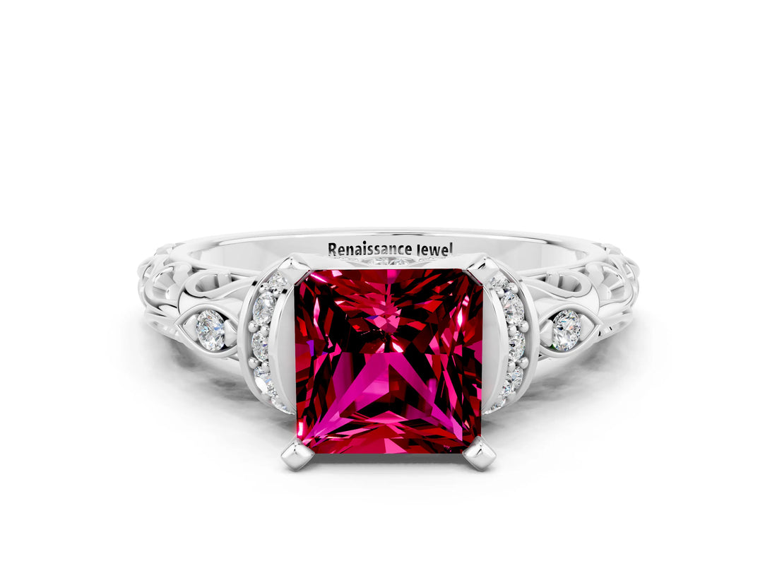 White gold Princess Cut Garnet Solitaire Ring with Filigree Band and Four-Prong Setting_24