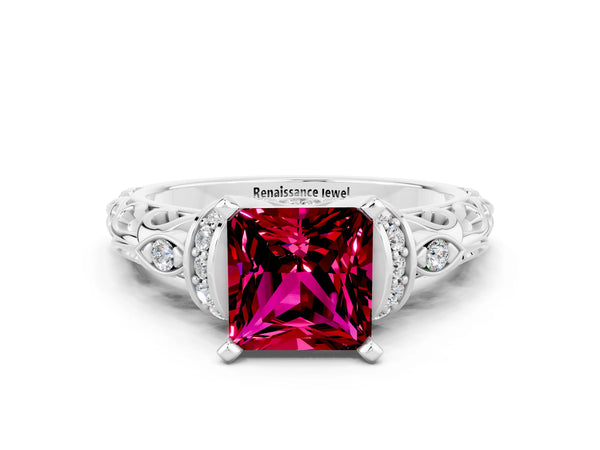 Silver Princess Cut Garnet Solitaire Ring with Filigree Band and Four-Prong Setting