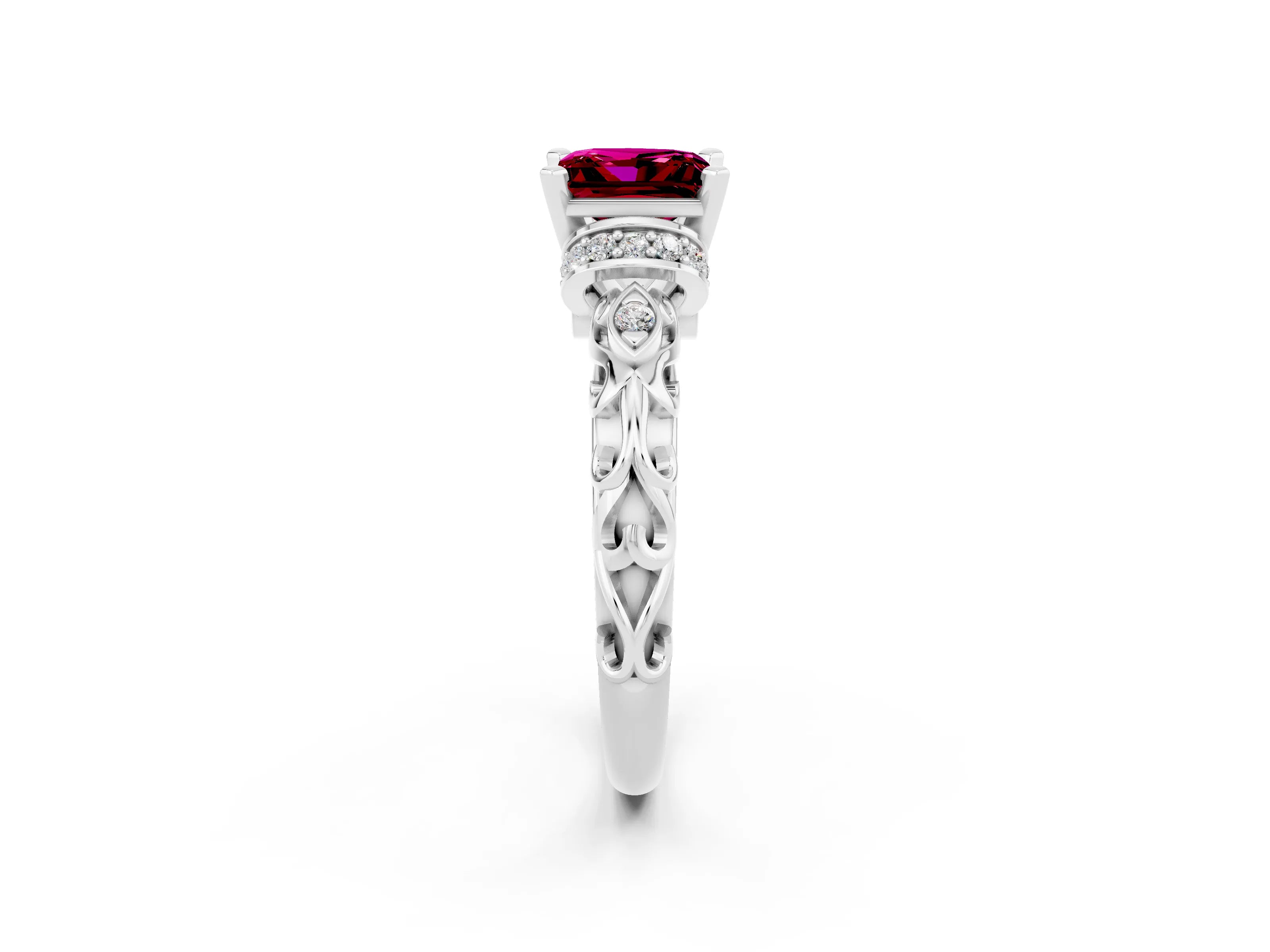 White gold Princess Cut Garnet Solitaire Ring with Filigree Band and Four-Prong Setting_26