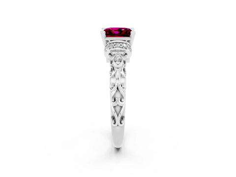 White gold Princess Cut Garnet Solitaire Ring with Filigree Band and Four-Prong Setting_26