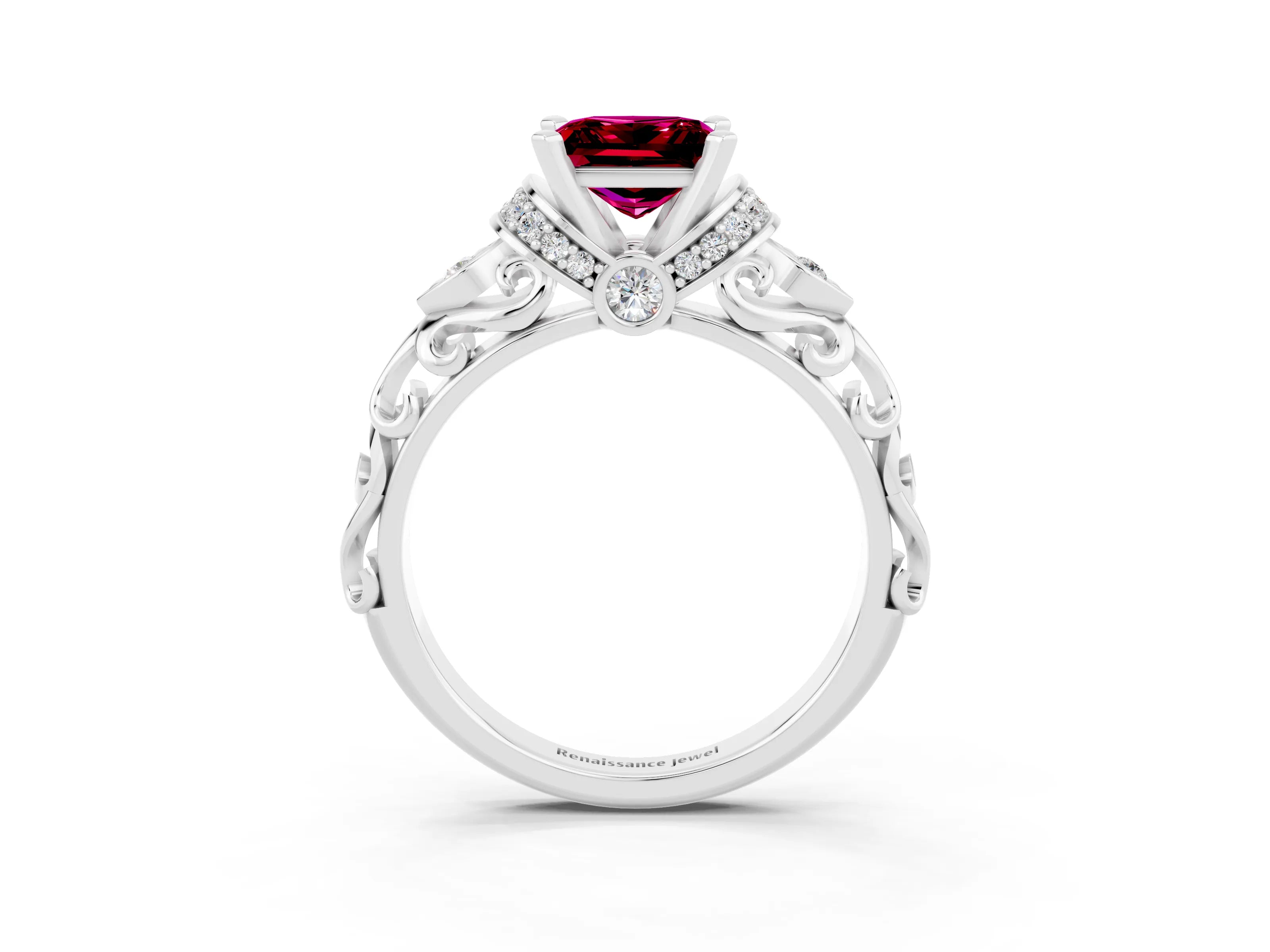 White gold Princess Cut Garnet Solitaire Ring with Filigree Band and Four-Prong Setting_27
