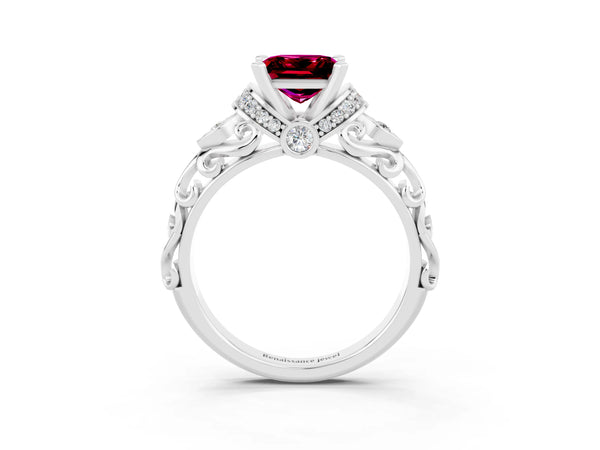 Platinum Princess Cut Garnet Solitaire Ring with Filigree Band and Four-Prong Setting
