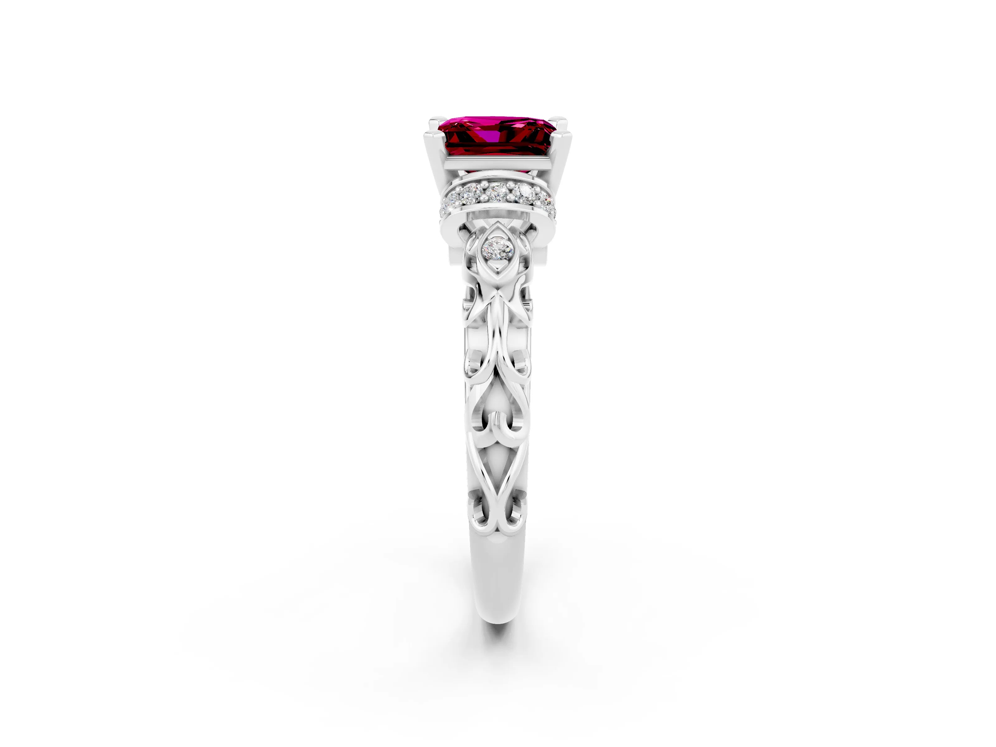 White gold Princess Cut Garnet Solitaire Ring with Filigree Band and Four-Prong Setting_38