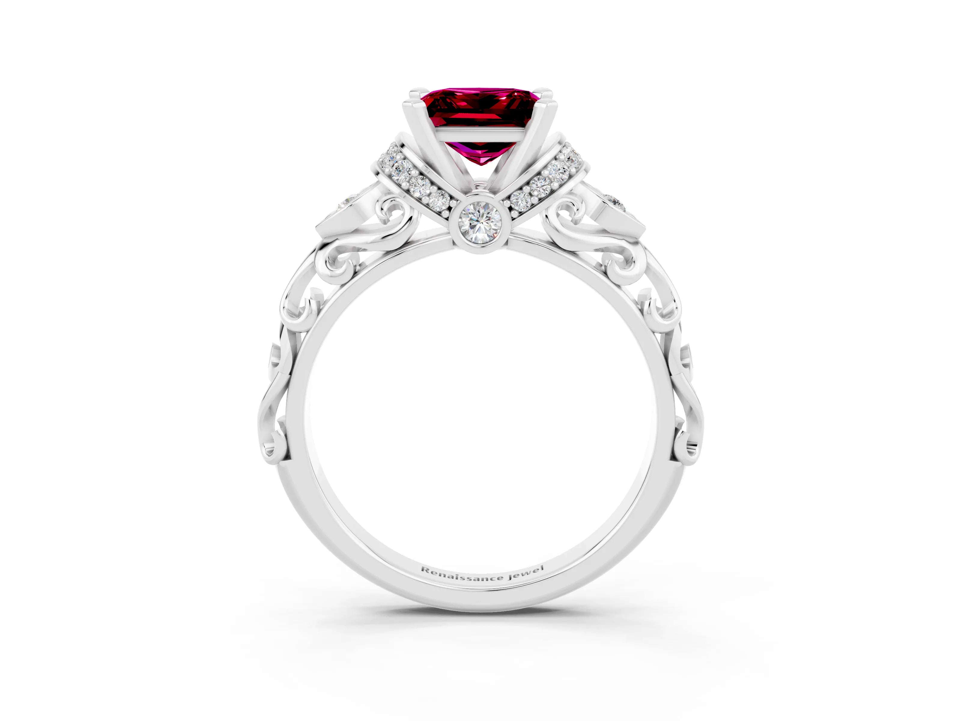 White gold Princess Cut Garnet Solitaire Ring with Filigree Band and Four-Prong Setting_39