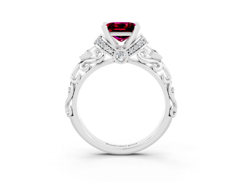 White gold Princess Cut Garnet Solitaire Ring with Filigree Band and Four-Prong Setting_39