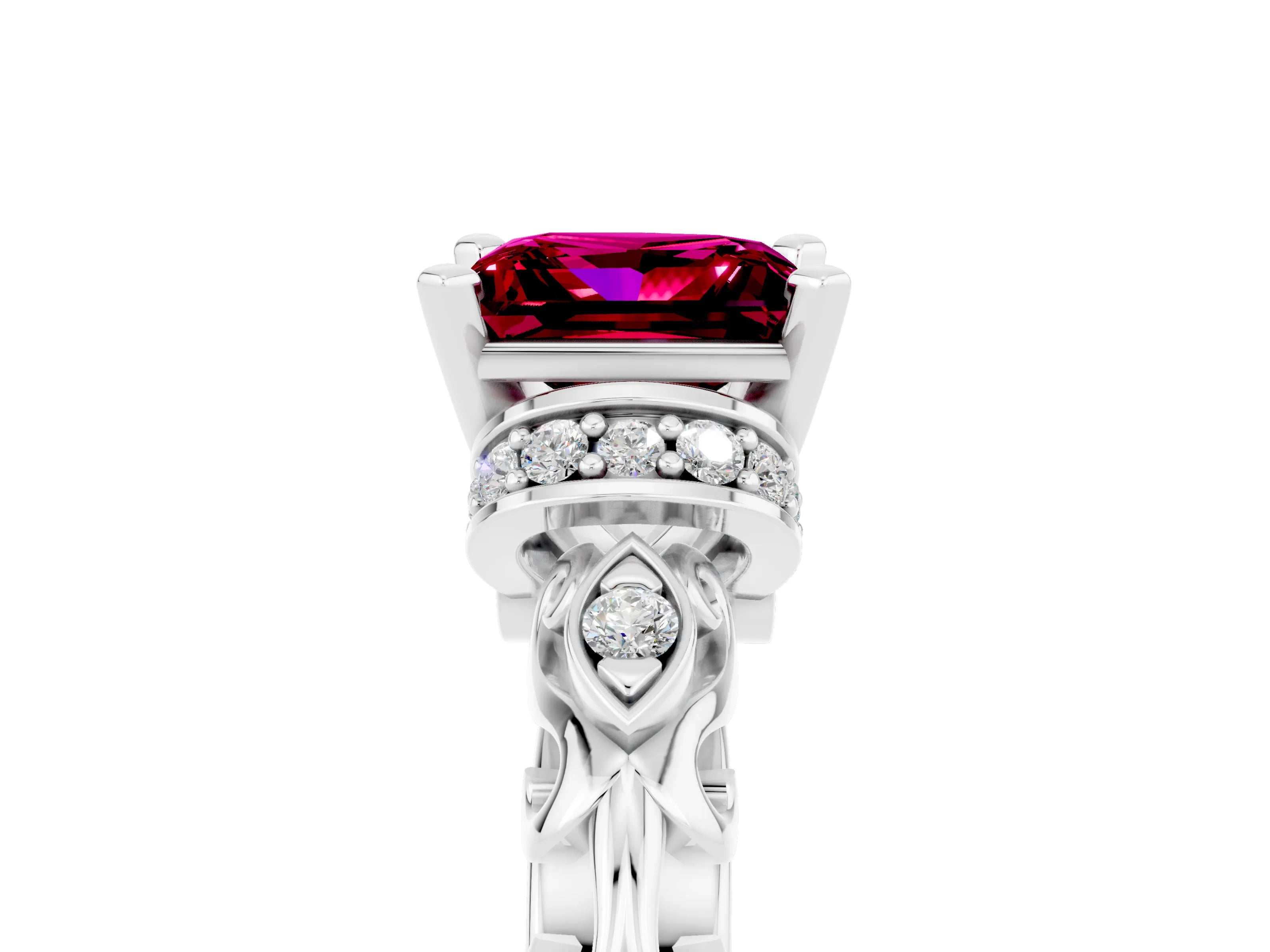 White gold Princess Cut Garnet Solitaire Ring with Filigree Band and Four-Prong Setting_41