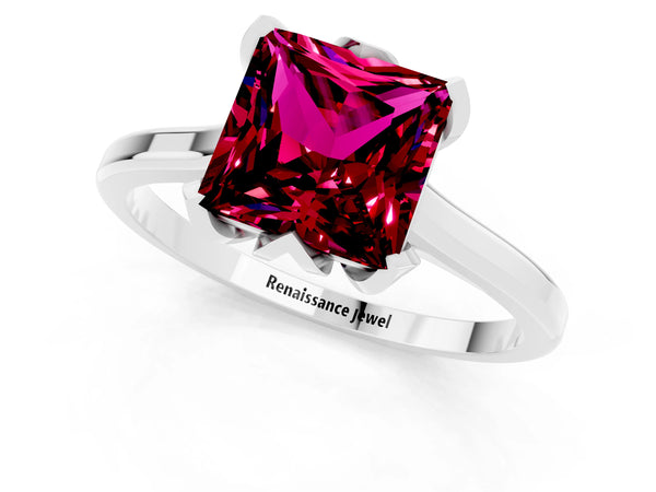White gold Princess Cut Garnet Solitaire Ring with Flower Prong Setting and Classic Band