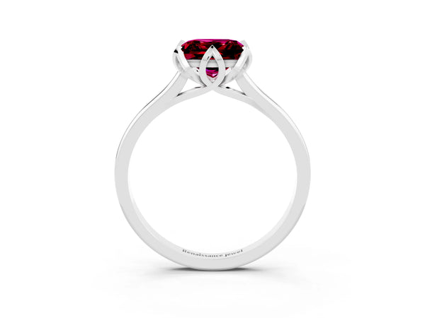 Silver Princess Cut Garnet Solitaire Ring with Flower Prong Setting and Classic Band