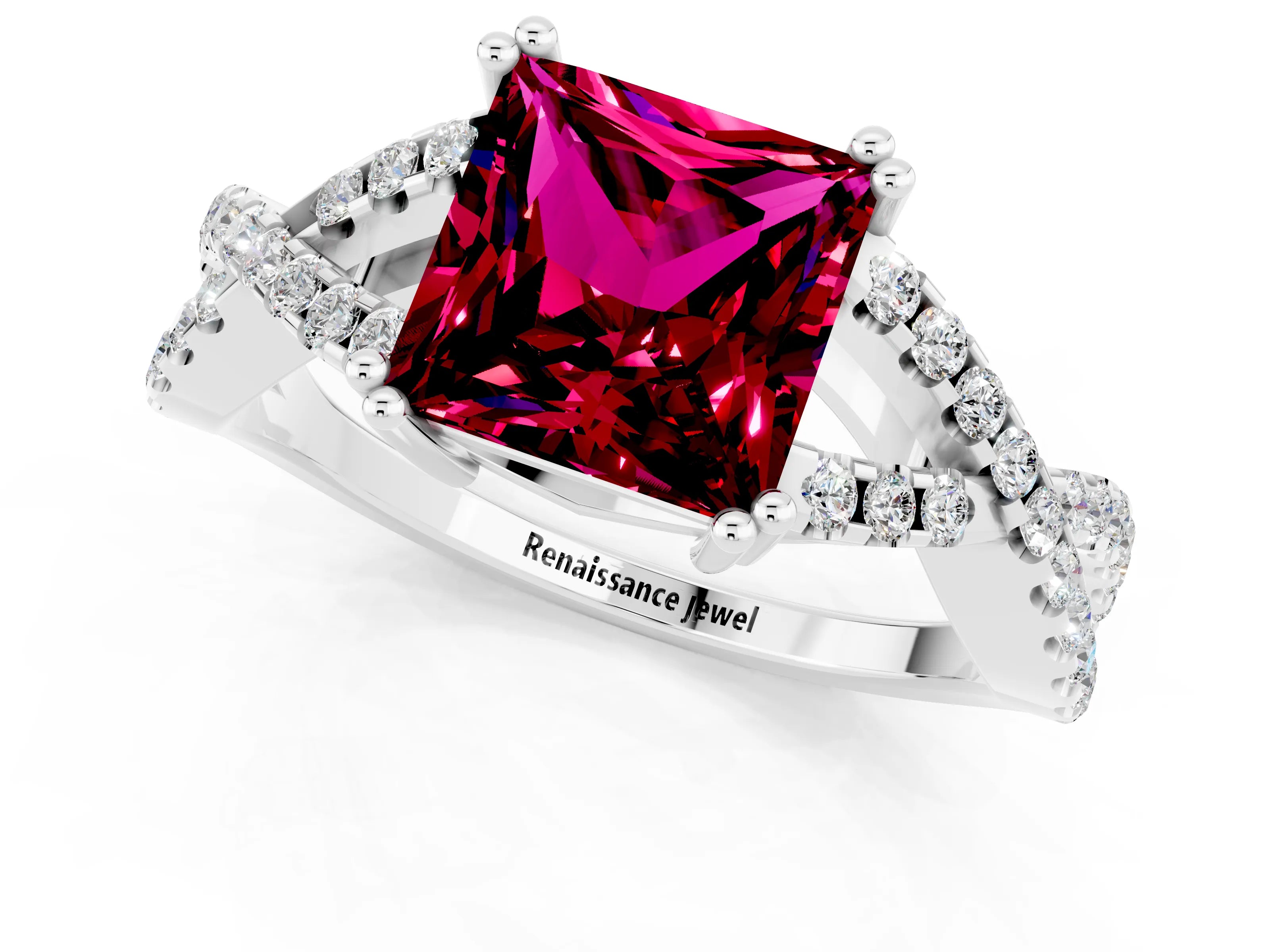 White gold Princess Cut Garnet Solitaire Ring with Four-Prong Setting and Twisted Pavé Band_1