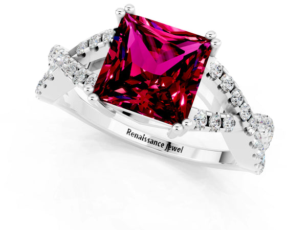 White gold Princess Cut Garnet Solitaire Ring with Four-Prong Setting and Twisted Pavé Band