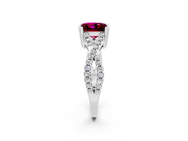 White gold Princess Cut Garnet Solitaire Ring with Four-Prong Setting and Twisted Pavé Band