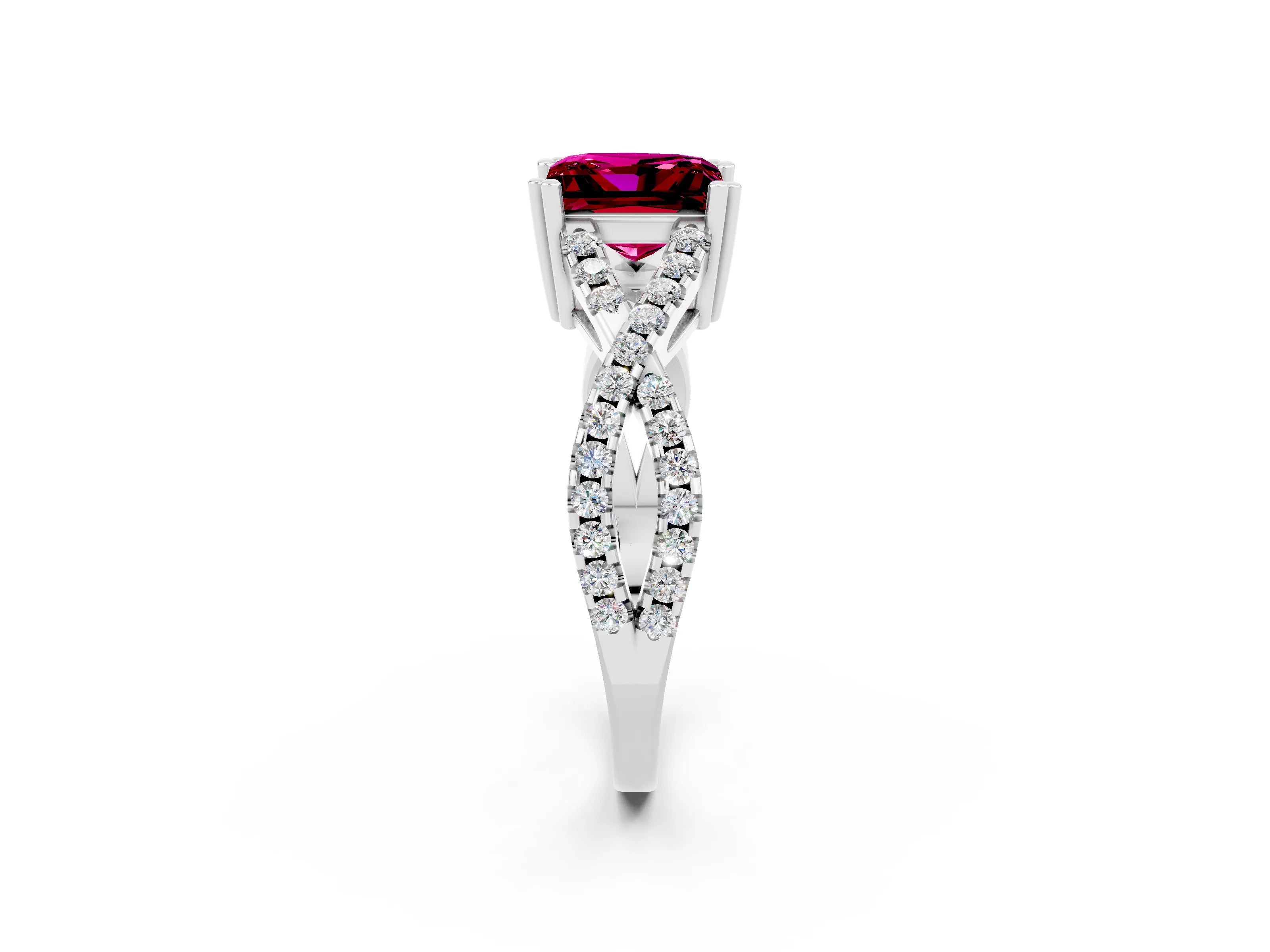 White gold Princess Cut Garnet Solitaire Ring with Four-Prong Setting and Twisted Pavé Band_2