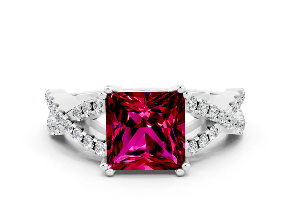 Silver Princess Cut Garnet Solitaire Ring with Four-Prong Setting and Twisted Pavé Band