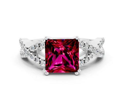 White gold Princess Cut Garnet Solitaire Ring with Four-Prong Setting and Twisted Pavé Band