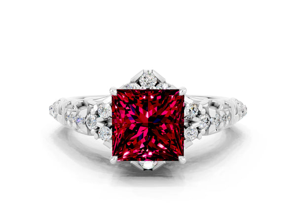 Silver Princess Cut Garnet Solitaire Ring with Hidden Halo and Pavé Band