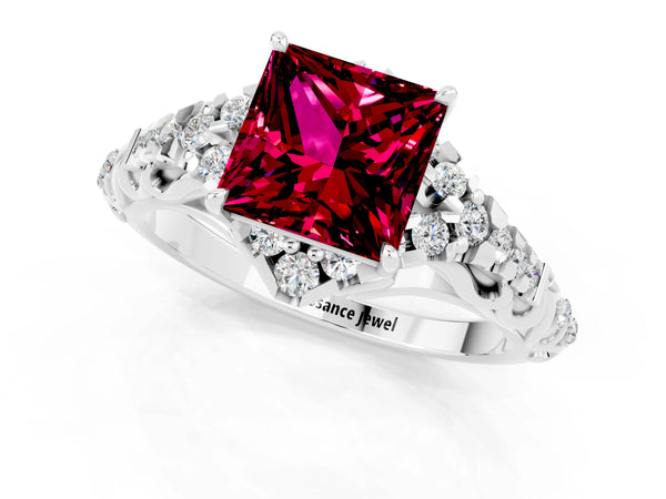 Silver Princess Cut Garnet Solitaire Ring with Hidden Halo and Pavé Band