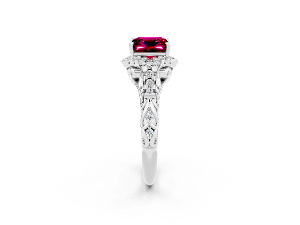 Platinum Princess Cut Garnet Solitaire Ring with Hidden Halo and Pavé Band
