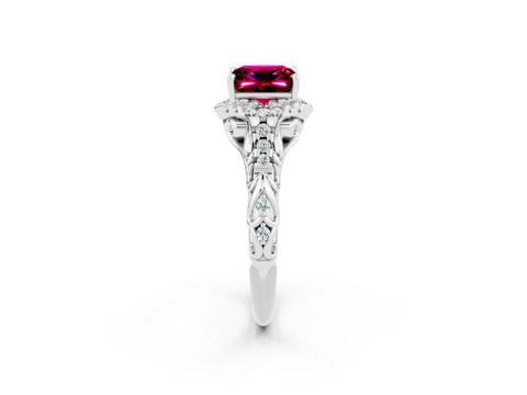 White gold Princess Cut Garnet Solitaire Ring with Hidden Halo and Pavé Band_14