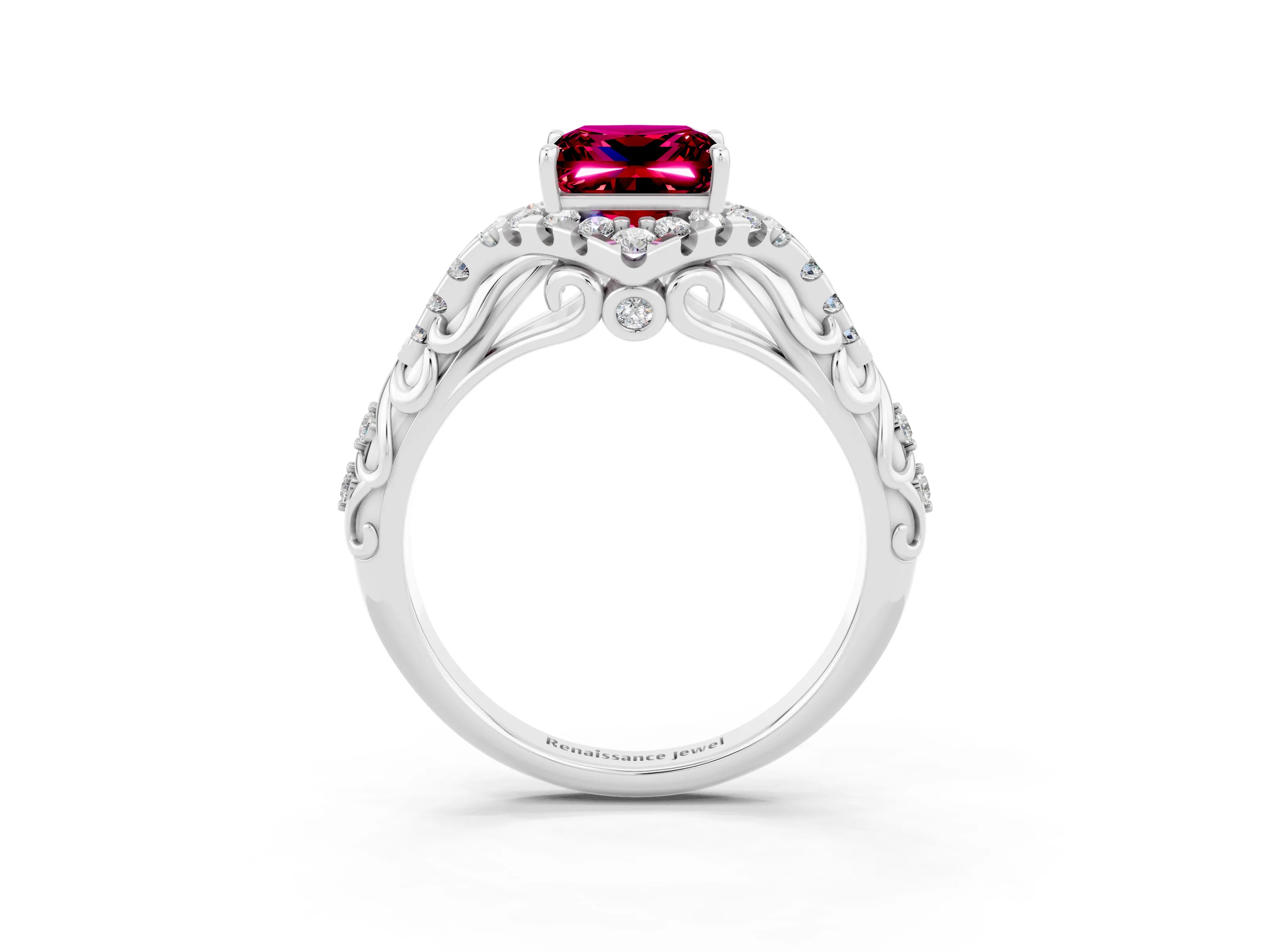 White gold Princess Cut Garnet Solitaire Ring with Hidden Halo and Pavé Band_15