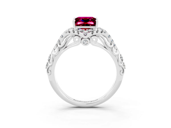Silver Princess Cut Garnet Solitaire Ring with Hidden Halo and Pavé Band