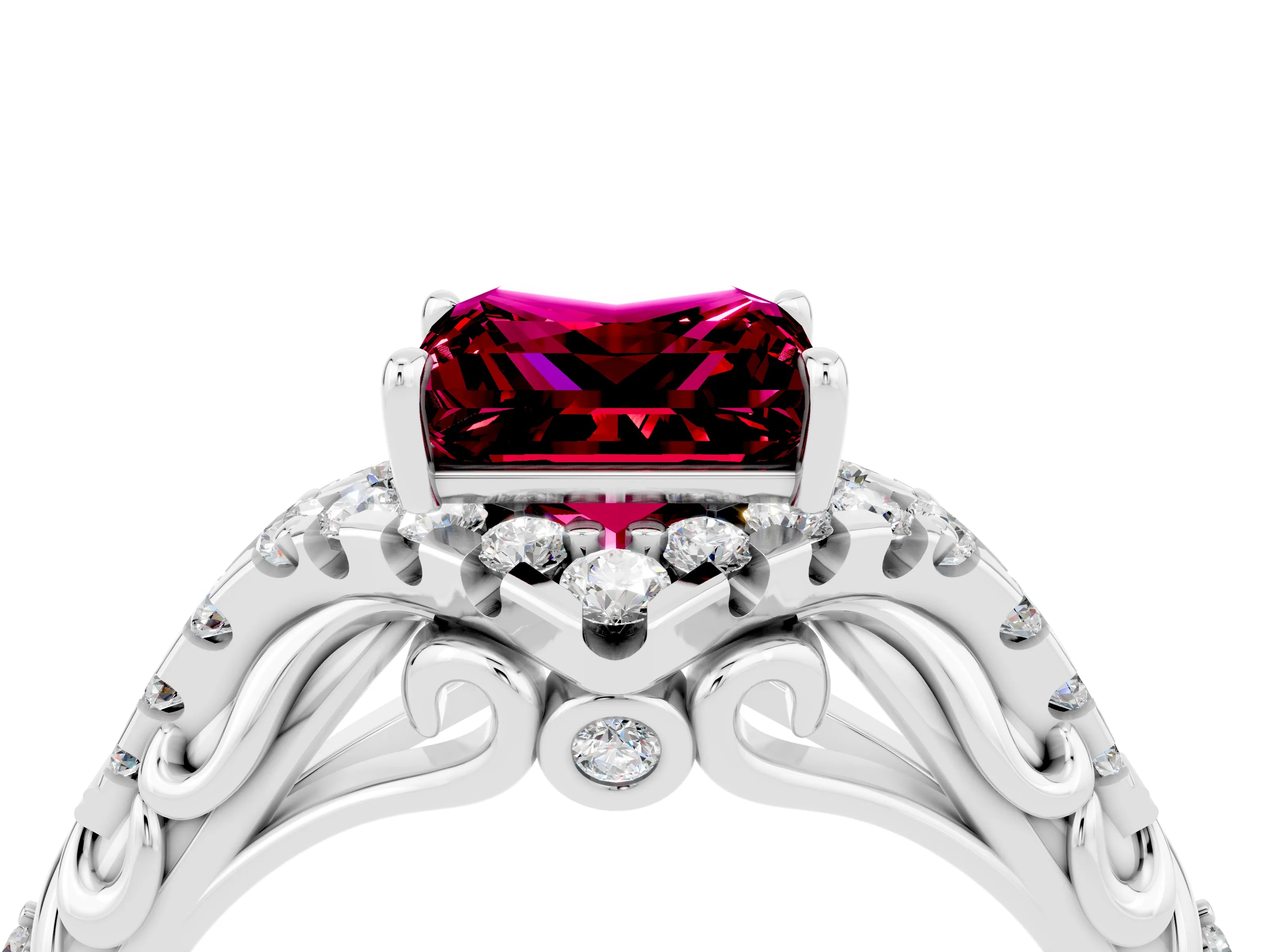 White gold Princess Cut Garnet Solitaire Ring with Hidden Halo and Pavé Band_16