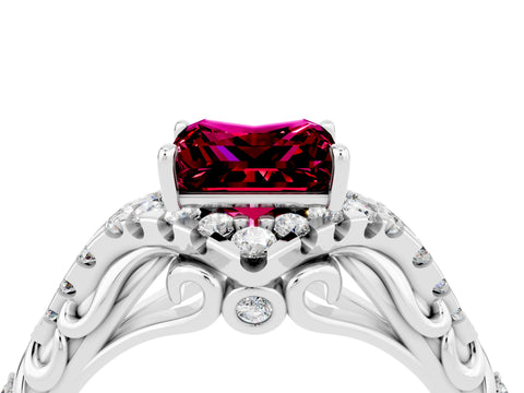 White gold Princess Cut Garnet Solitaire Ring with Hidden Halo and Pavé Band_16