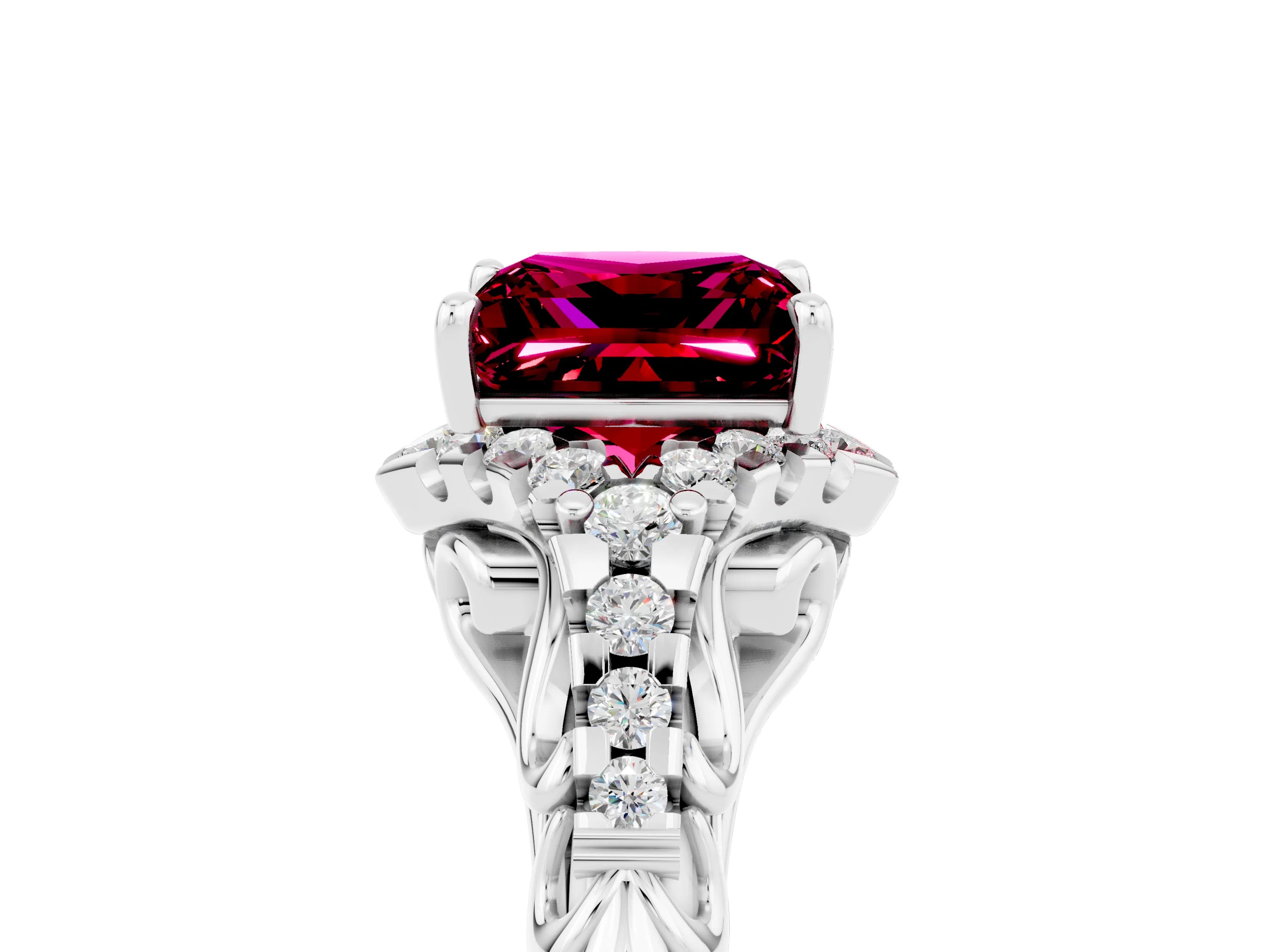White gold Princess Cut Garnet Solitaire Ring with Hidden Halo and Pavé Band_17