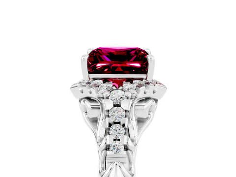 White gold Princess Cut Garnet Solitaire Ring with Hidden Halo and Pavé Band_17