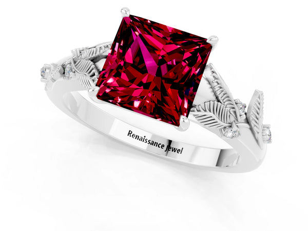 Platinum Princess Cut Garnet Solitaire Ring with Leaf Motif Band and Four-Prong Setting