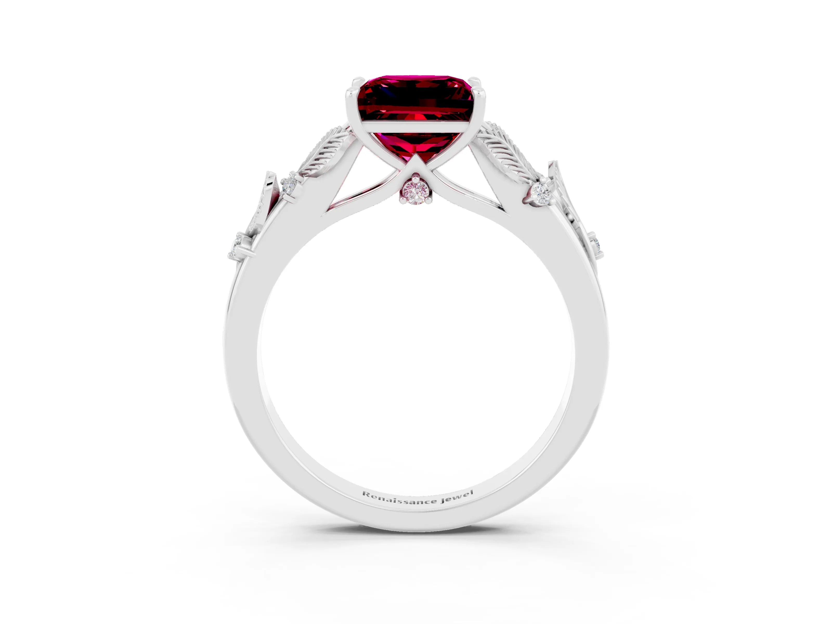 White gold Princess Cut Garnet Solitaire Ring with Leaf Motif Band and Four-Prong Setting_15
