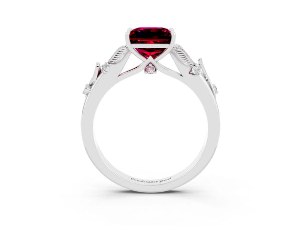 White gold Princess Cut Garnet Solitaire Ring with Leaf Motif Band and Four-Prong Setting