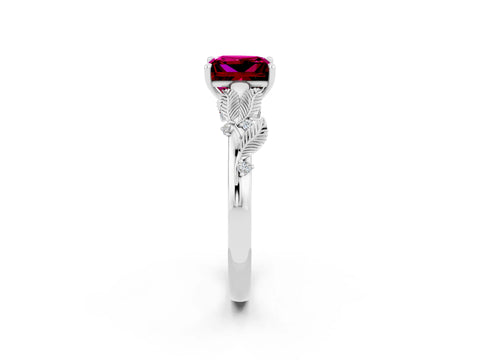 White gold Princess Cut Garnet Solitaire Ring with Leaf Motif Band and Four-Prong Setting_2