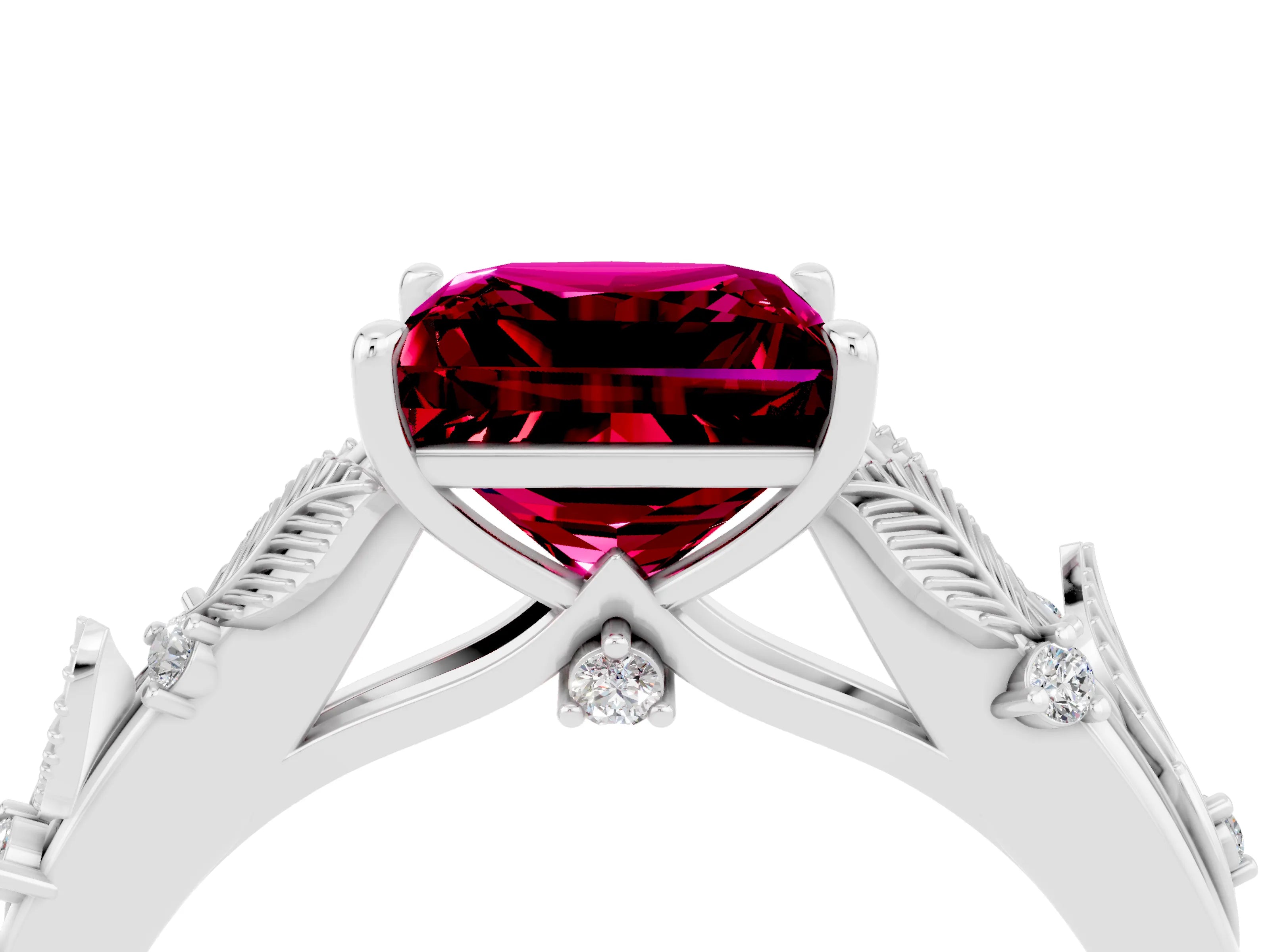 White gold Princess Cut Garnet Solitaire Ring with Leaf Motif Band and Four-Prong Setting_4