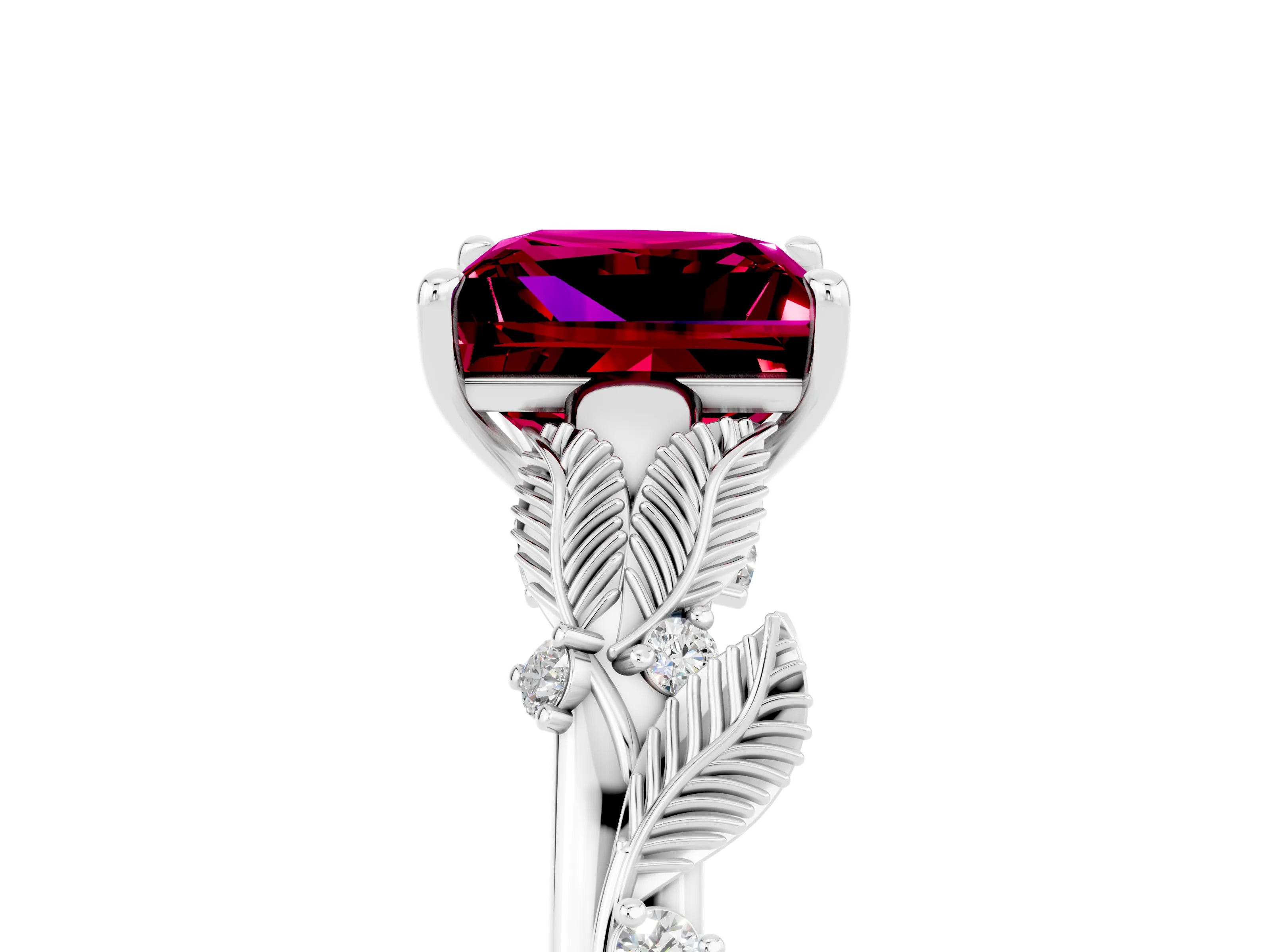 White gold Princess Cut Garnet Solitaire Ring with Leaf Motif Band and Four-Prong Setting_5