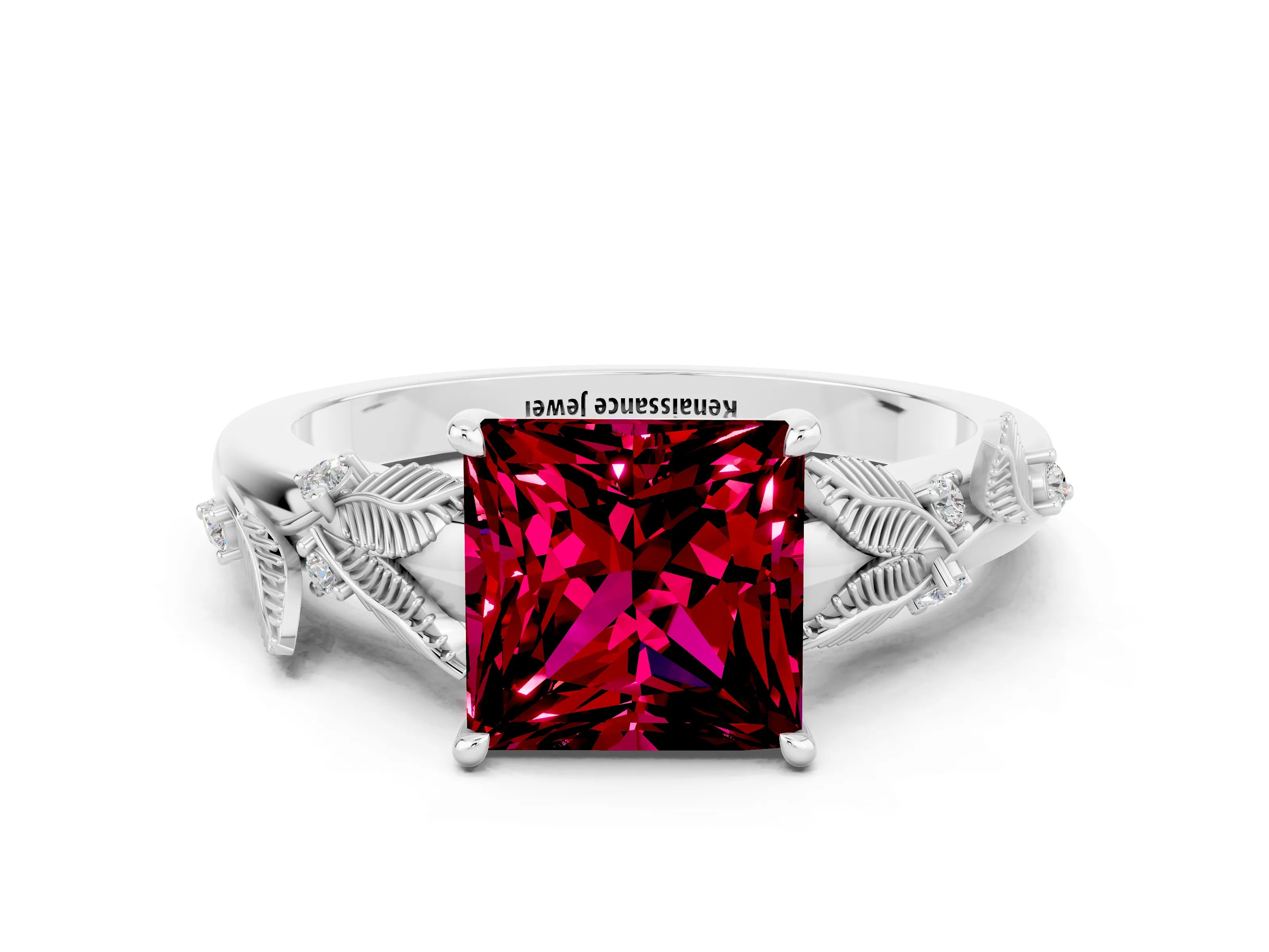 White gold Princess Cut Garnet Solitaire Ring with Leaf Motif Band and Four-Prong Setting