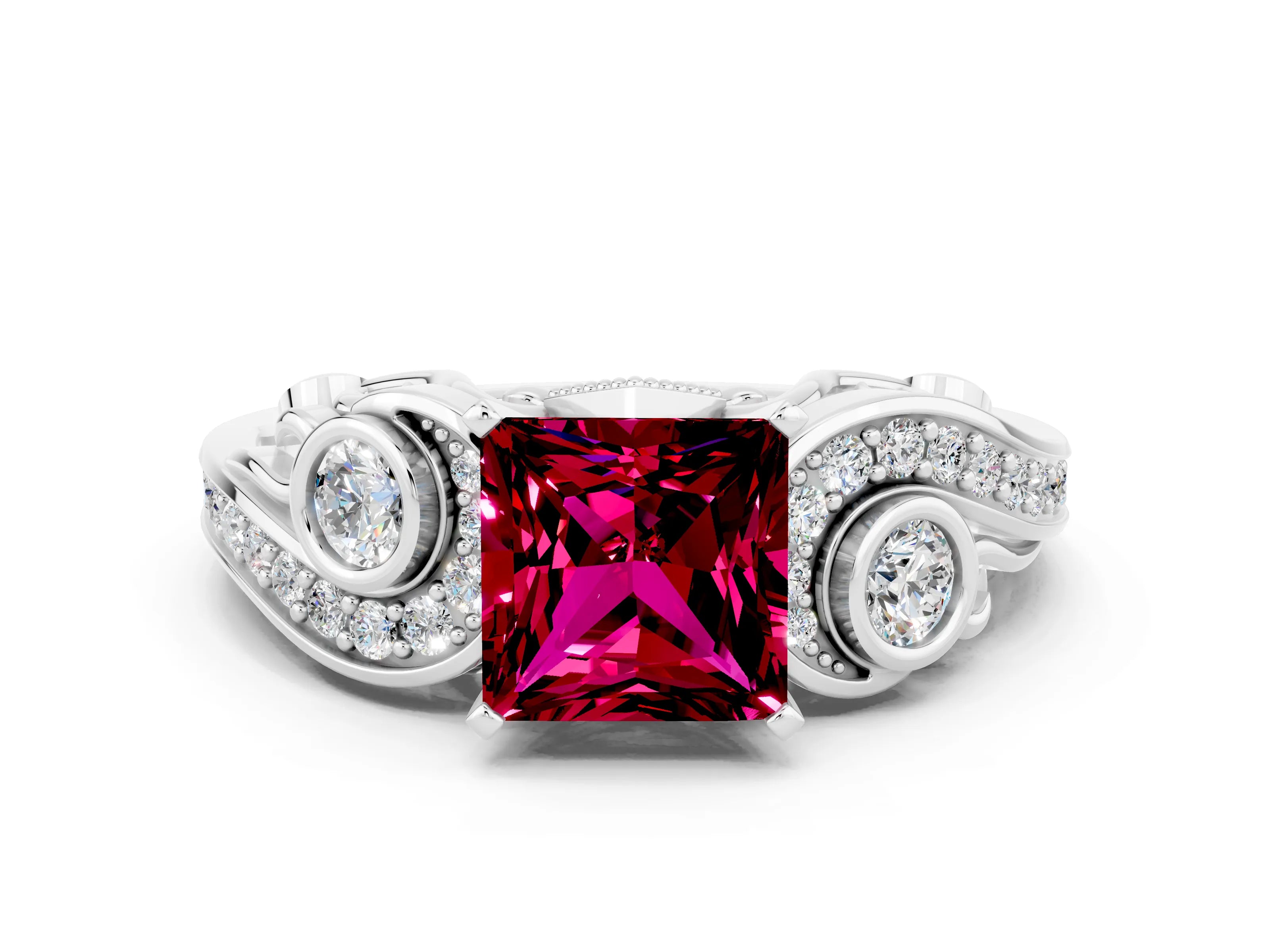 White gold Princess Cut Garnet Solitaire Ring with Milgrain Pavé Band and Four-Prong Setting_12