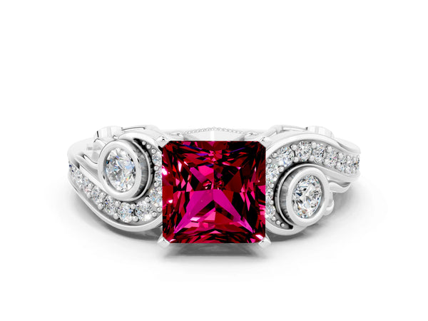 Silver Princess Cut Garnet Solitaire Ring with Milgrain Pavé Band and Four-Prong Setting