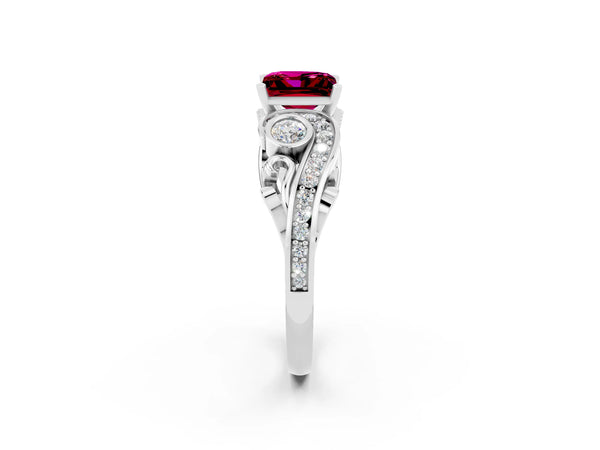 Platinum Princess Cut Garnet Solitaire Ring with Milgrain Pavé Band and Four-Prong Setting