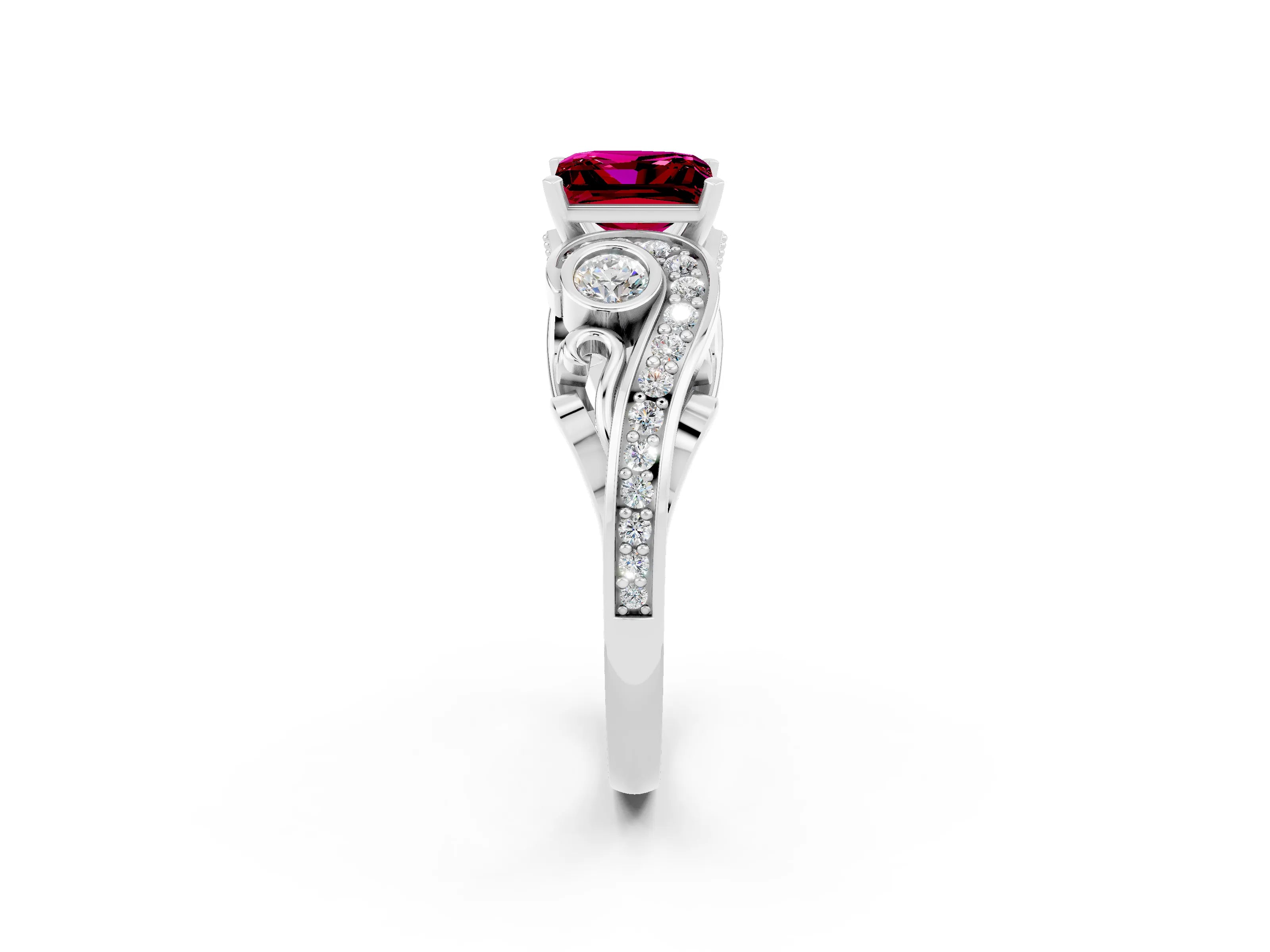 White gold Princess Cut Garnet Solitaire Ring with Milgrain Pavé Band and Four-Prong Setting_14
