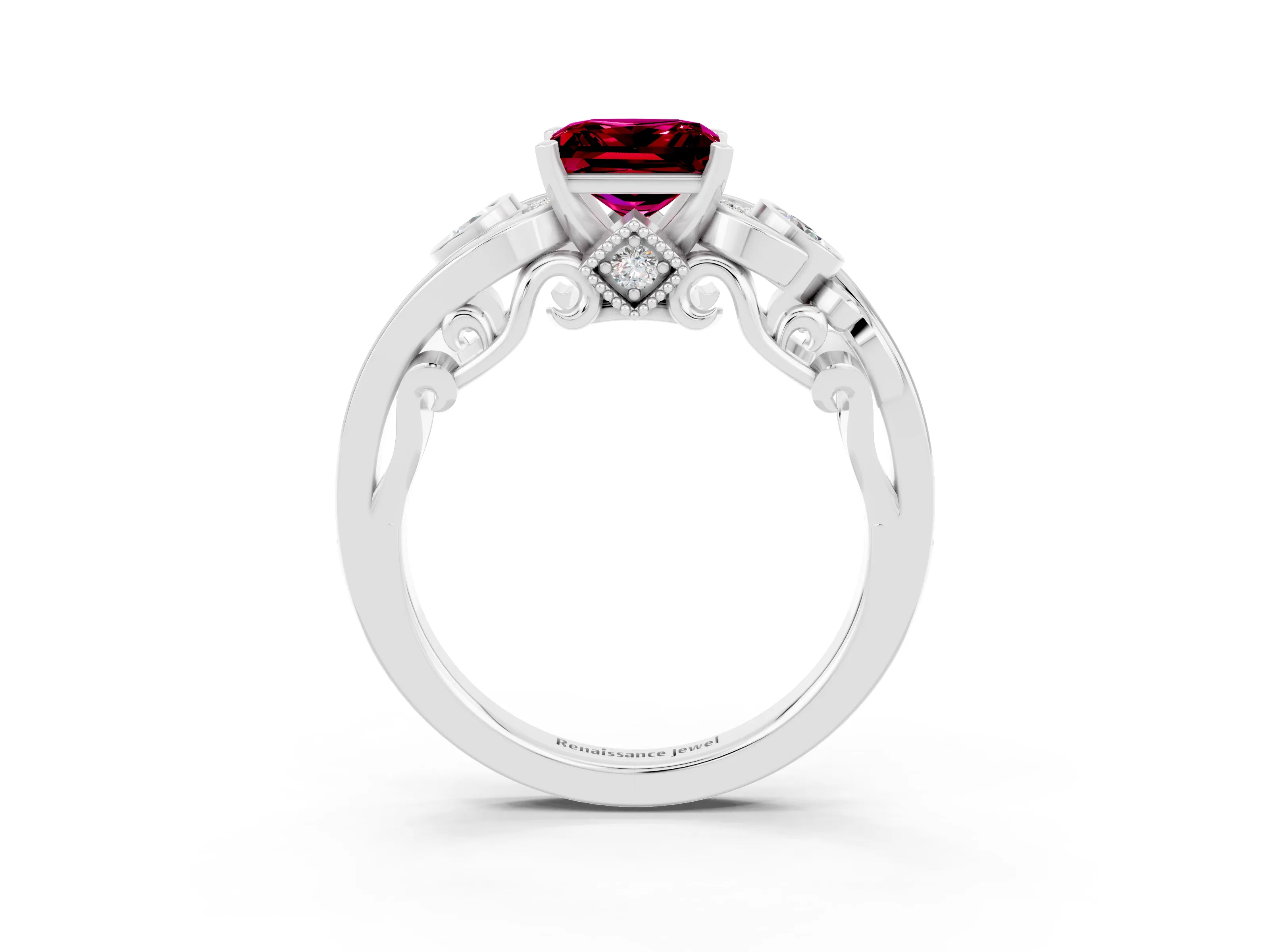 White gold Princess Cut Garnet Solitaire Ring with Milgrain Pavé Band and Four-Prong Setting_15
