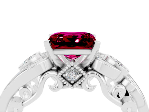 White gold Princess Cut Garnet Solitaire Ring with Milgrain Pavé Band and Four-Prong Setting_16