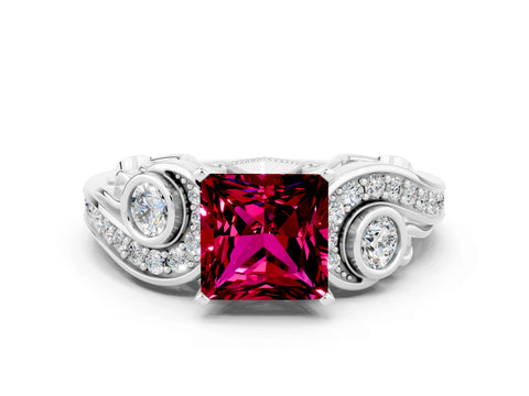 White gold Princess Cut Garnet Solitaire Ring with Milgrain Pavé Band and Four-Prong Setting_48