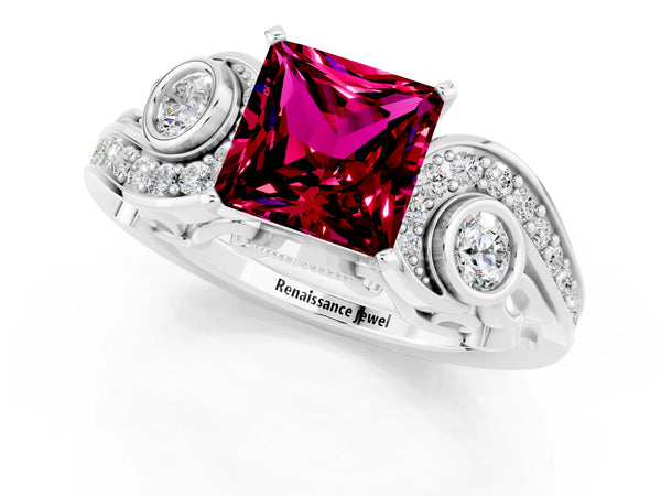 White gold Princess Cut Garnet Solitaire Ring with Milgrain Pavé Band and Four-Prong Setting