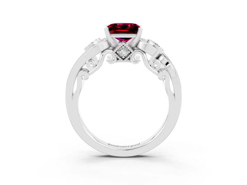 White gold Princess Cut Garnet Solitaire Ring with Milgrain Pavé Band and Four-Prong Setting_51