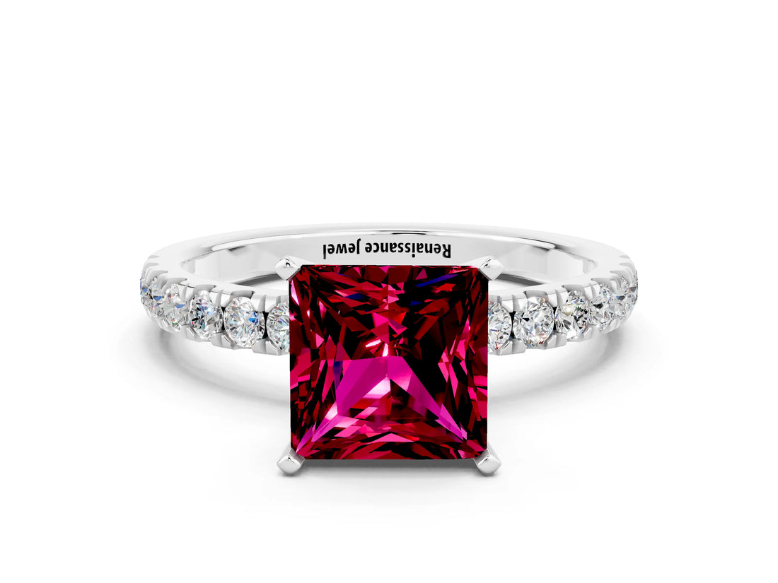 White gold Princess Cut Garnet Solitaire Ring with Pavé Accents and Four-Prong Setting
