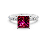 White gold Princess Cut Garnet Solitaire Ring with Pavé Accents and Four-Prong Setting