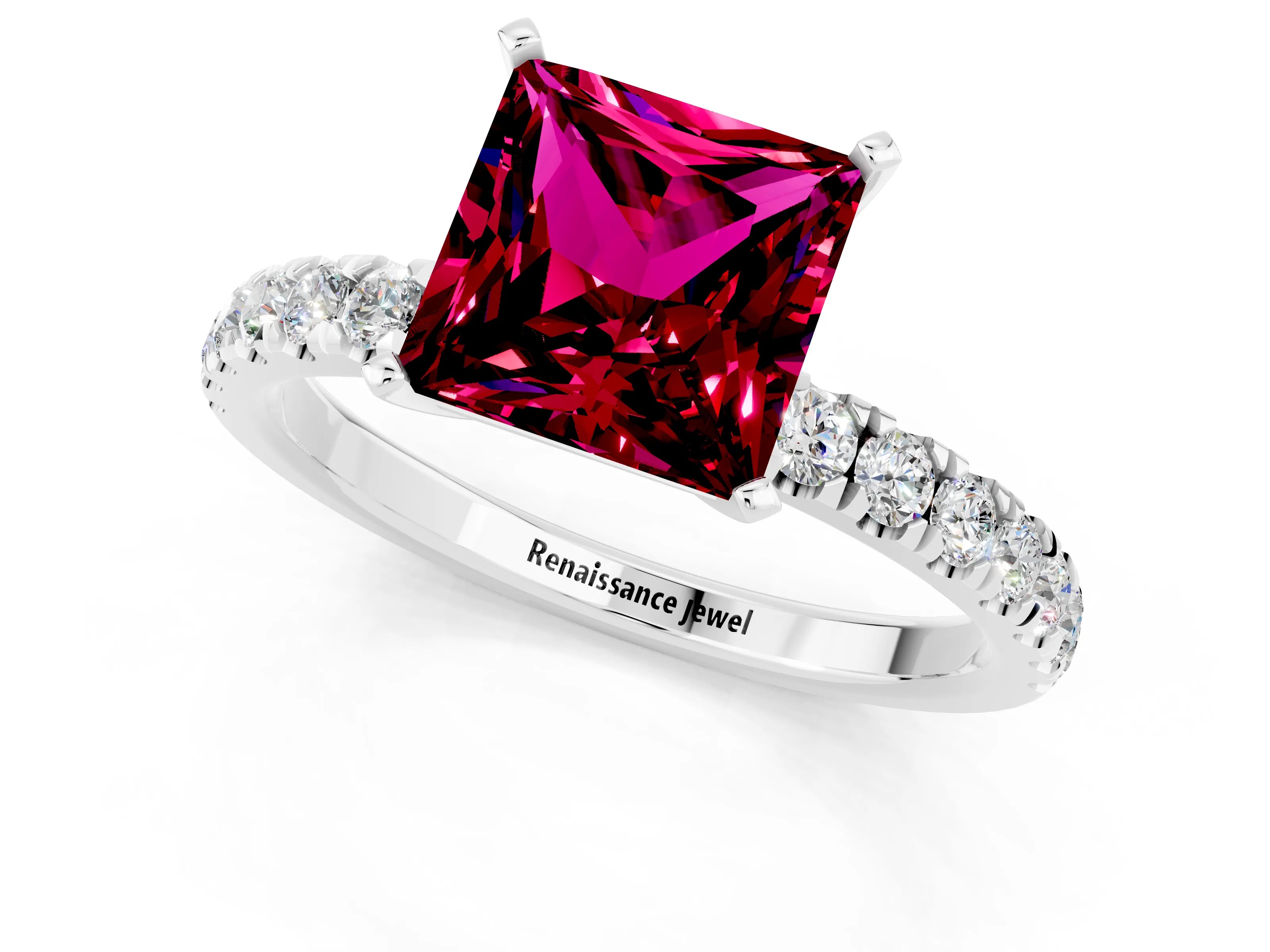 White gold Princess Cut Garnet Solitaire Ring with Pavé Accents and Four-Prong Setting_1