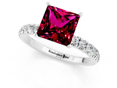 White gold Princess Cut Garnet Solitaire Ring with Pavé Accents and Four-Prong Setting_1