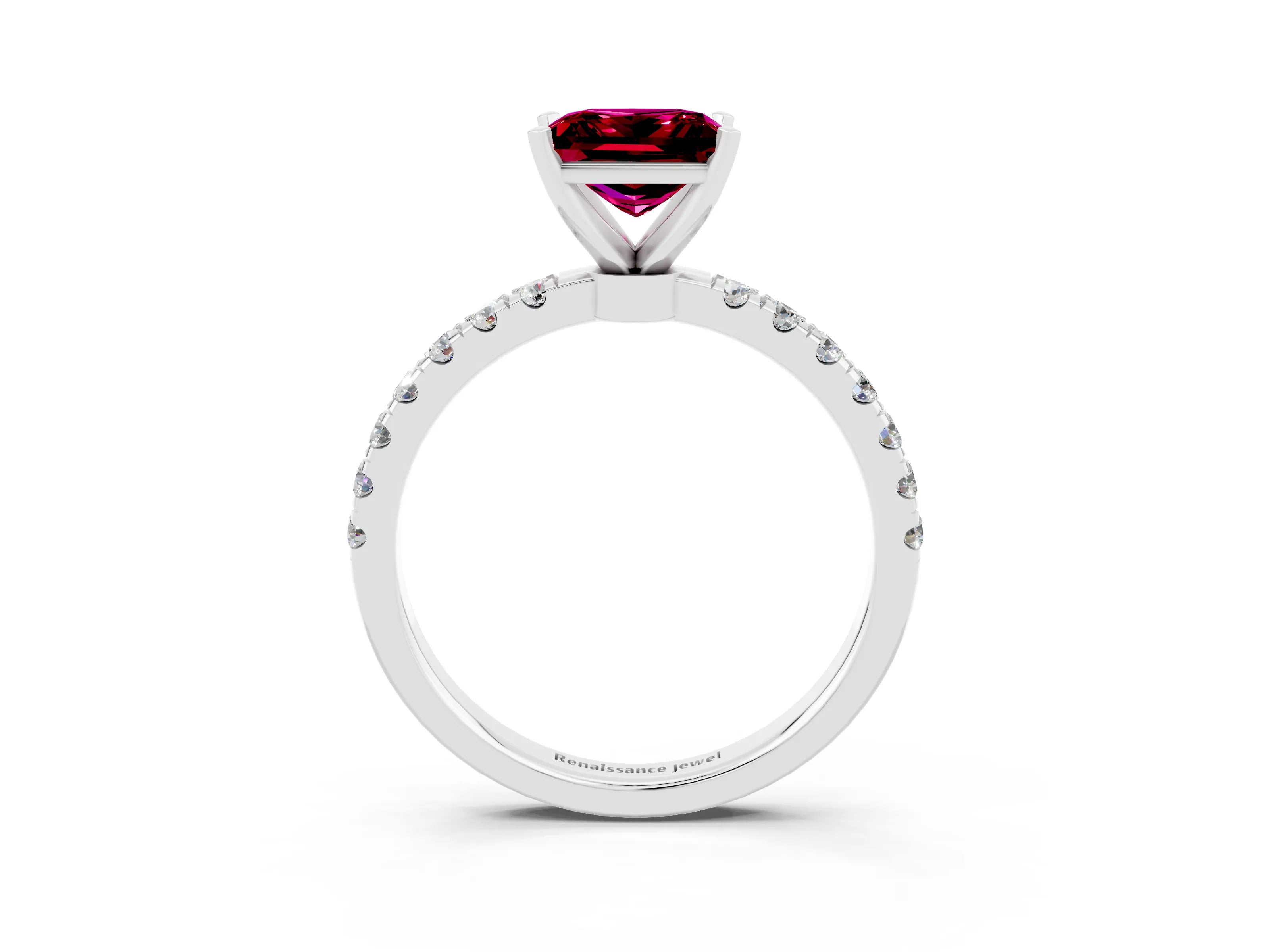 White gold Princess Cut Garnet Solitaire Ring with Pavé Accents and Four-Prong Setting_3