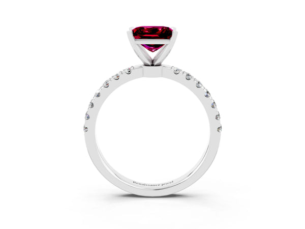 Platinum Princess Cut Garnet Solitaire Ring with Pavé Accents and Four-Prong Setting